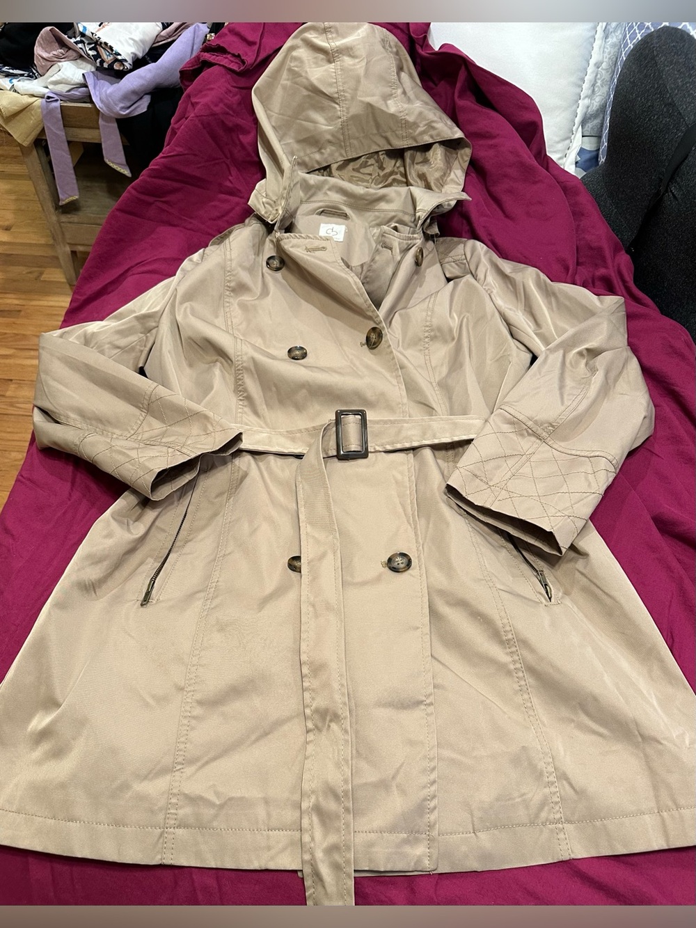 DB Women’s Beige (Removable)Hooded Trench Coat with Belt and buttons